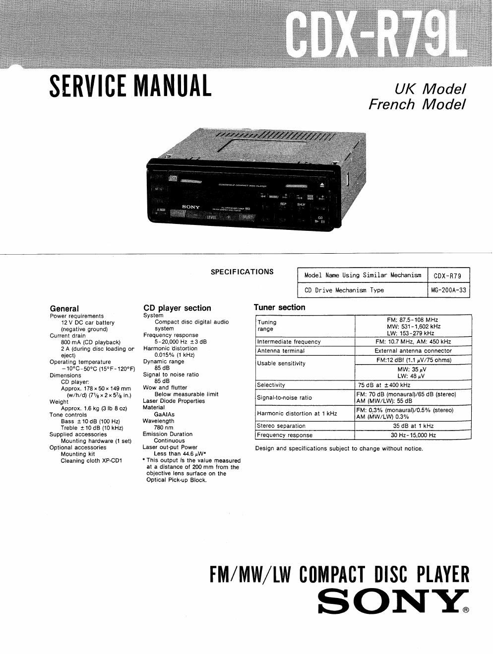 sony cdx r 79 l service manual