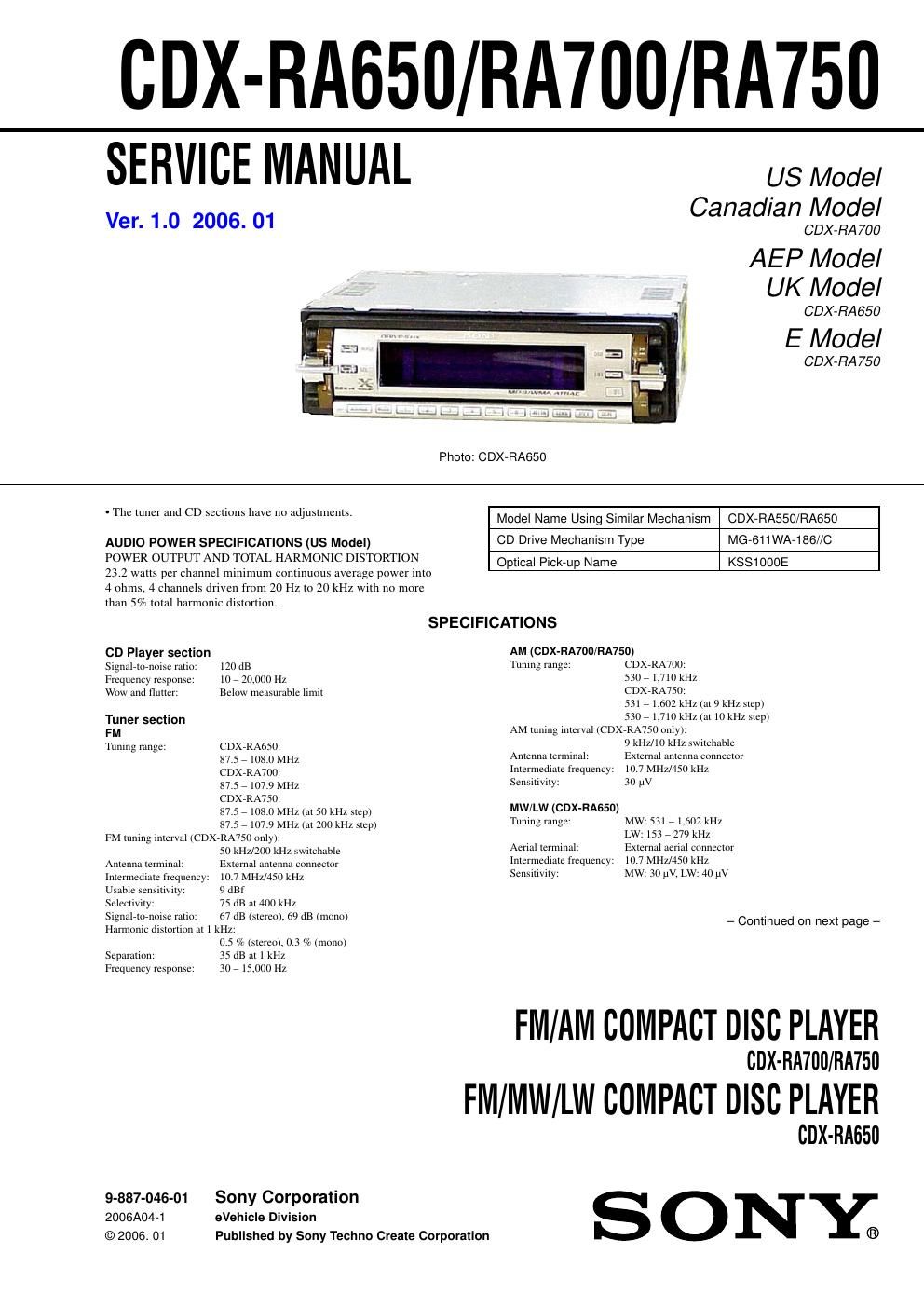 sony cdx ra 650 service manual