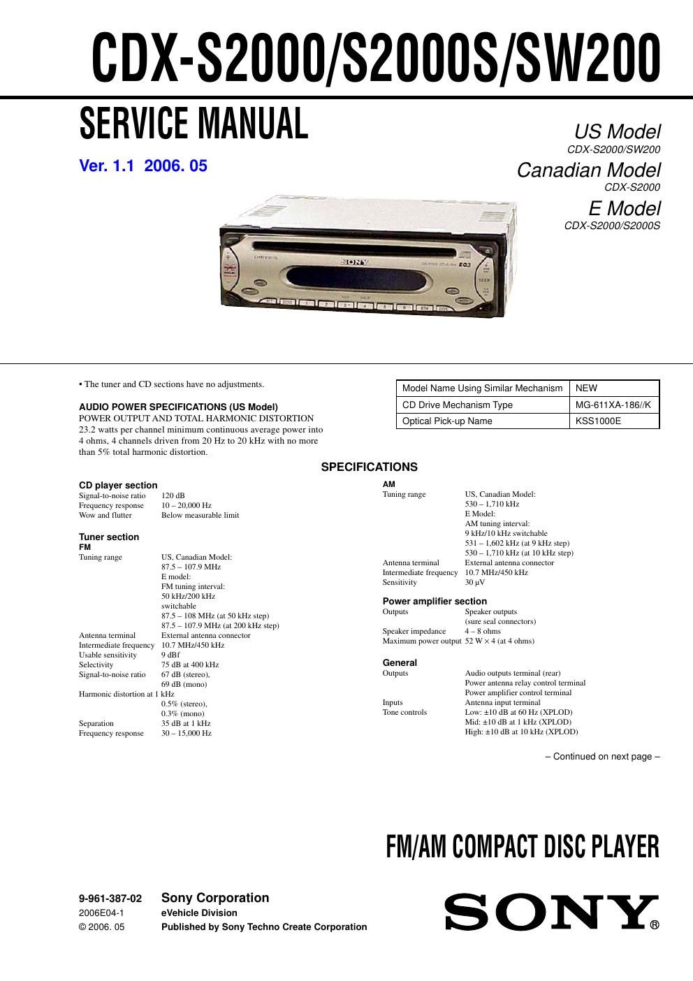 sony cdx s 2000 service manual