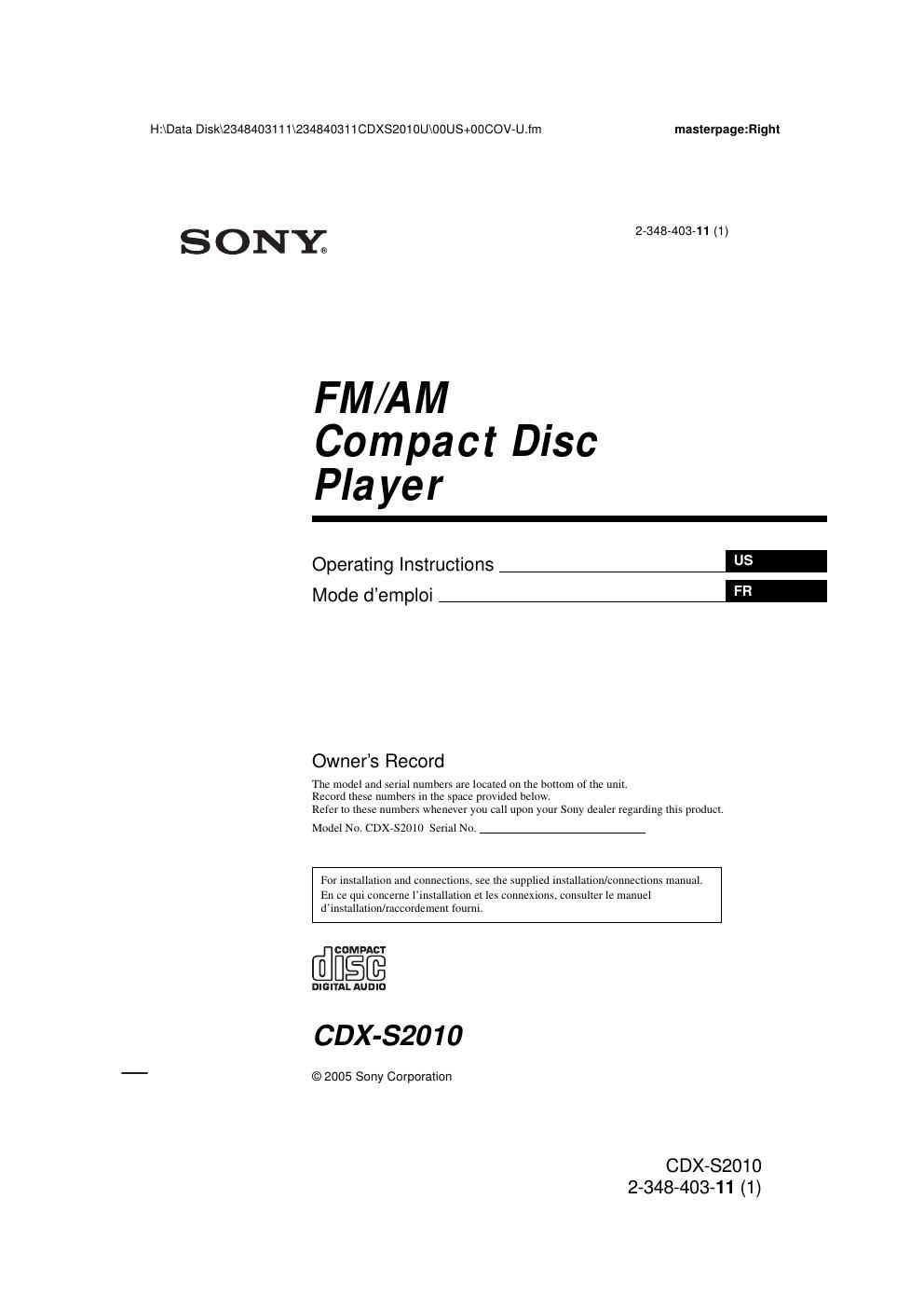 sony cdx s 2010 owners manual