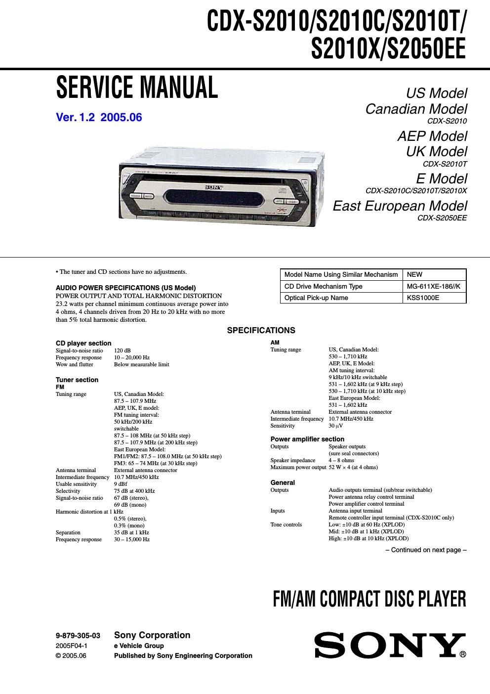 sony cdx s 2050 ee service manual