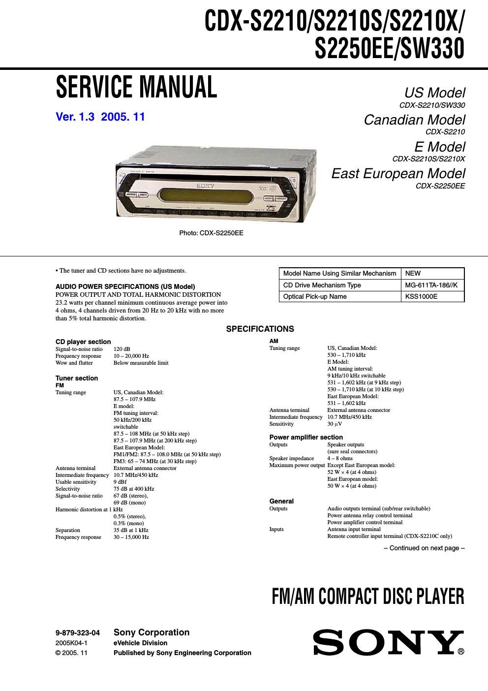 sony cdx s 2250 ee service manual