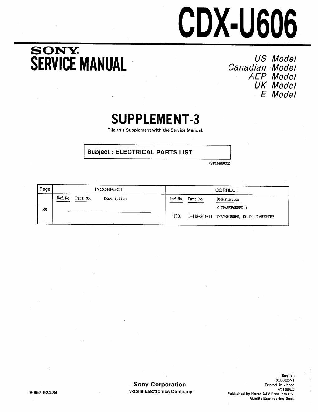 sony cdx u 606 service manual