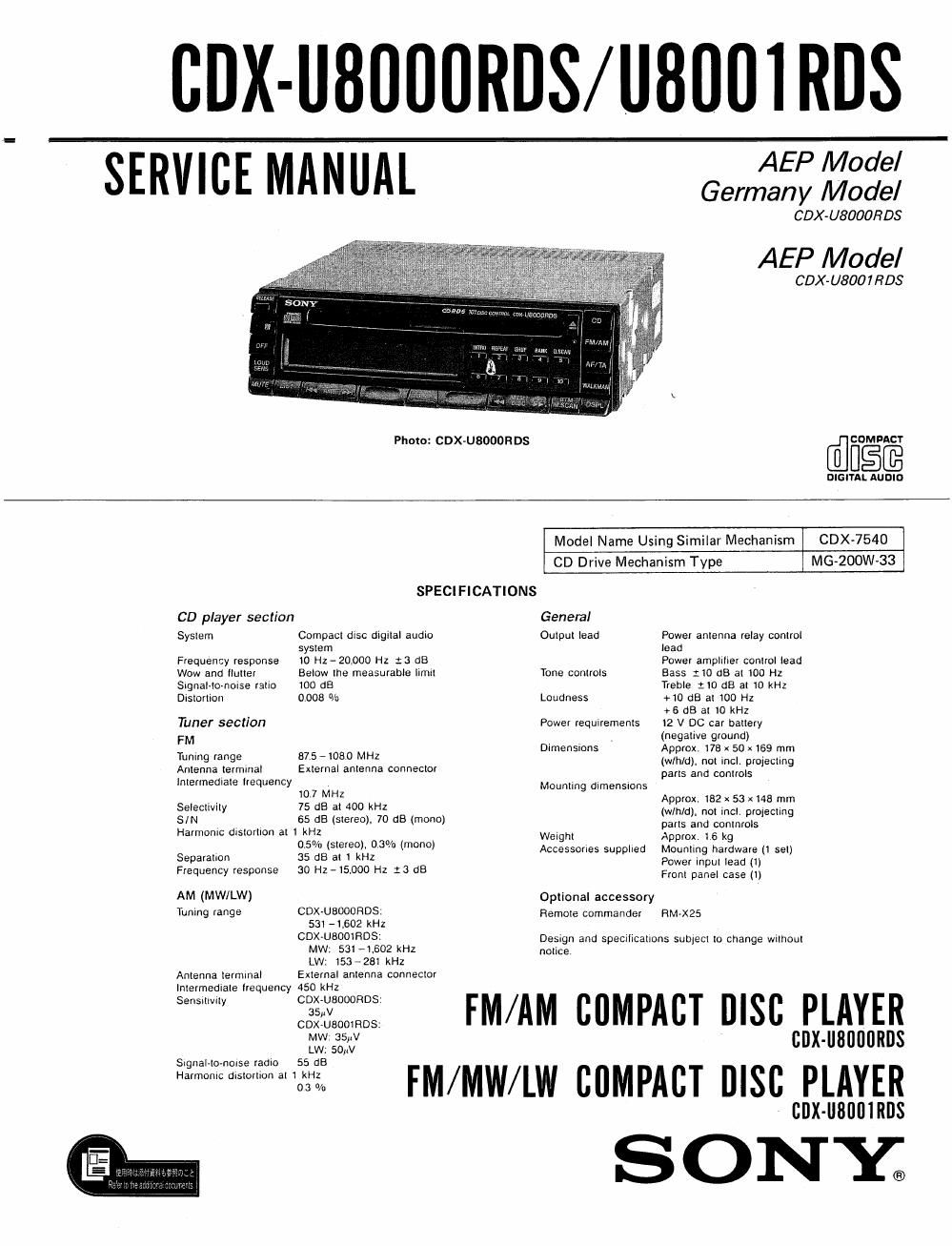 sony cdx u 8000 rds service manual