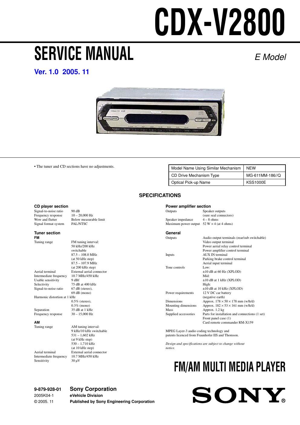 sony cdx v 2800 service manual
