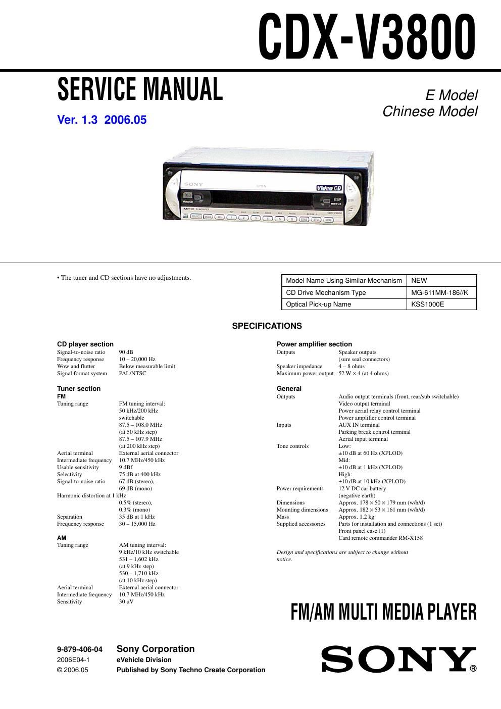sony cdx v 3800 service manual