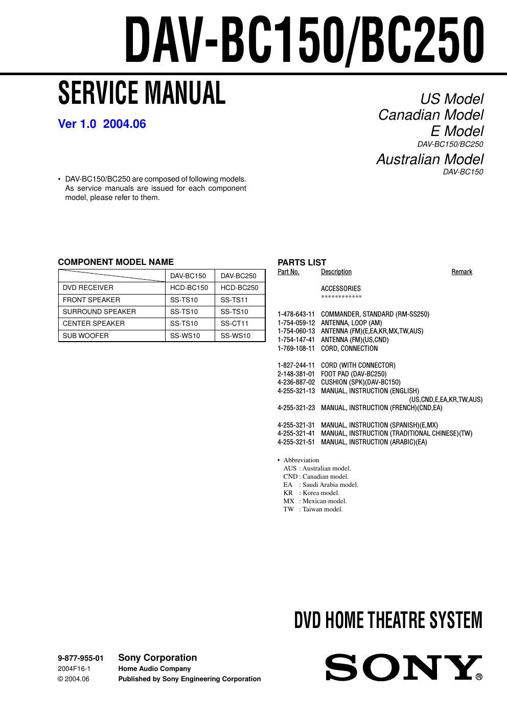 sony dav bc 150 service manual