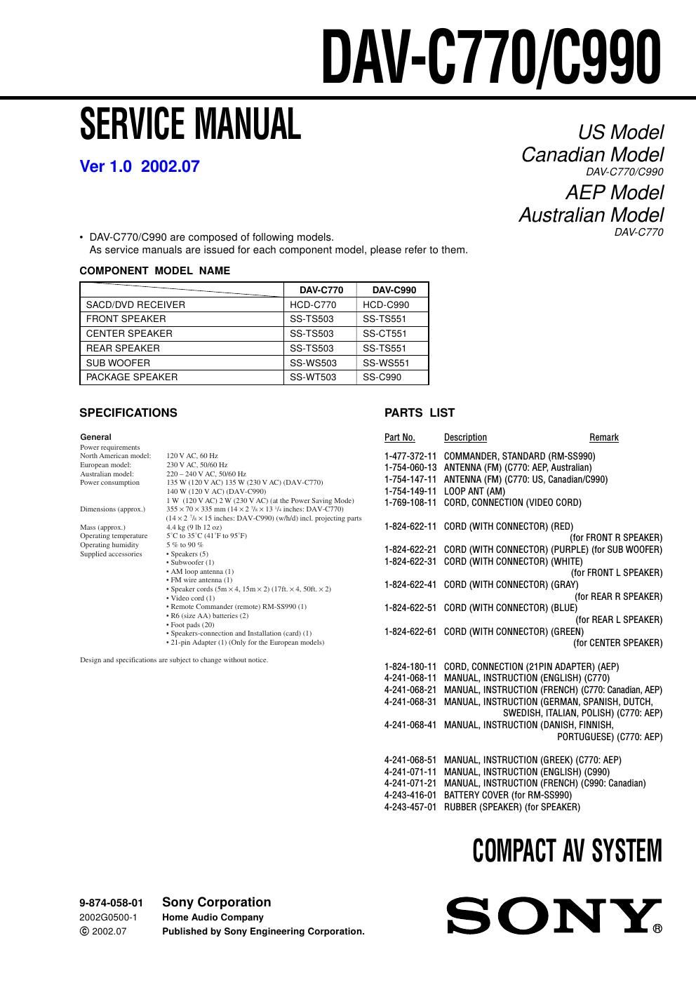 sony dav c 770 service manual