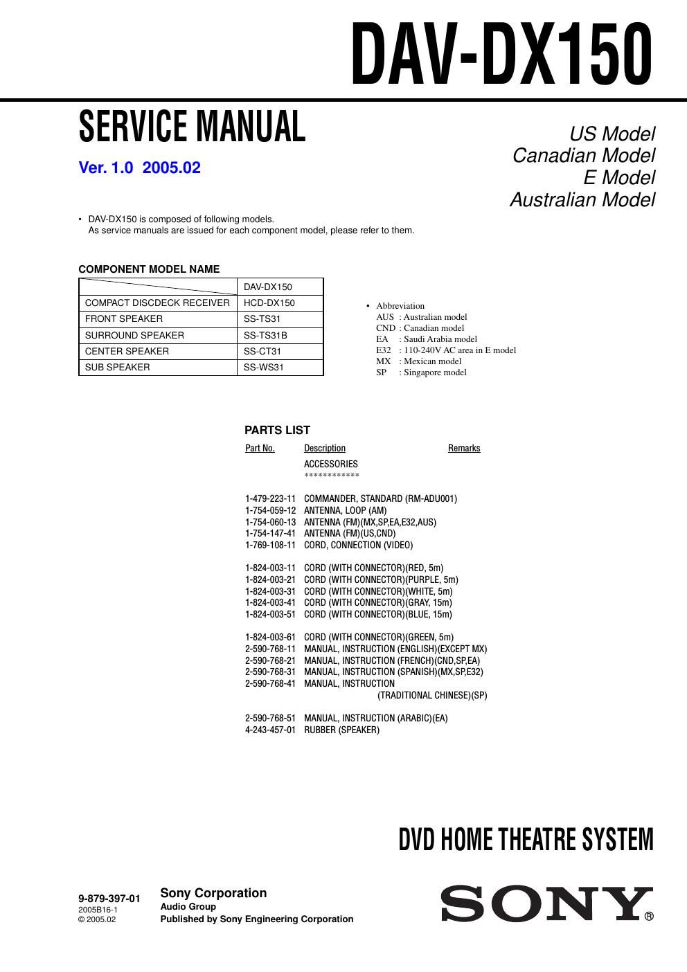 sony dav dx 150 service manual