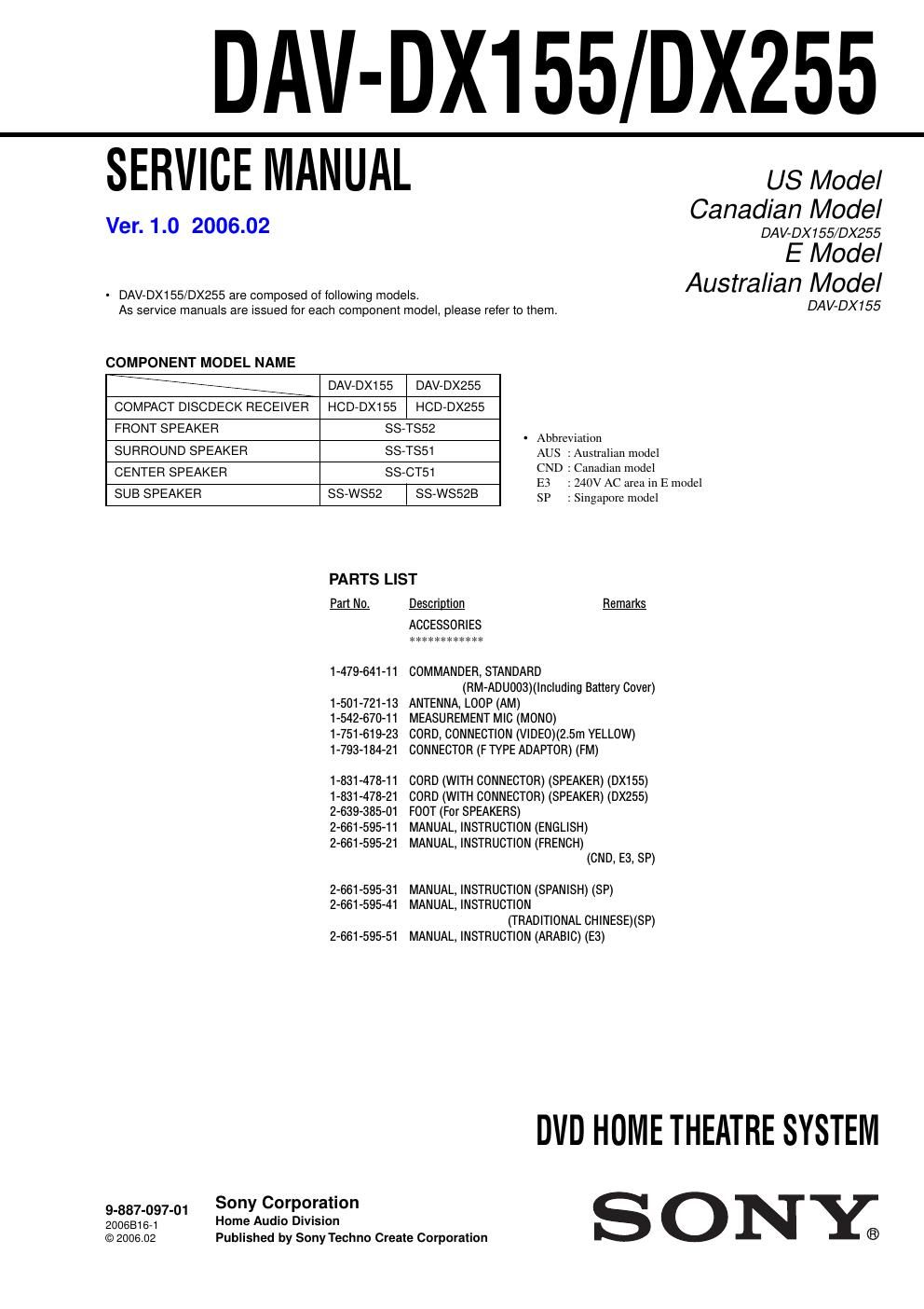 sony dav dx 155 service manual