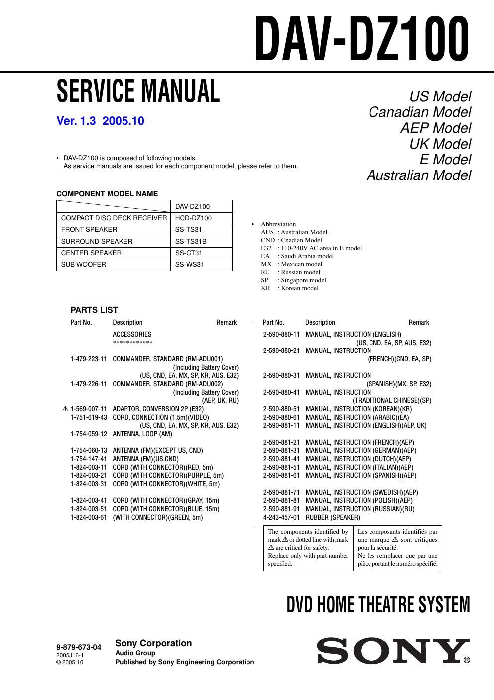 sony dav dz 100 service manual