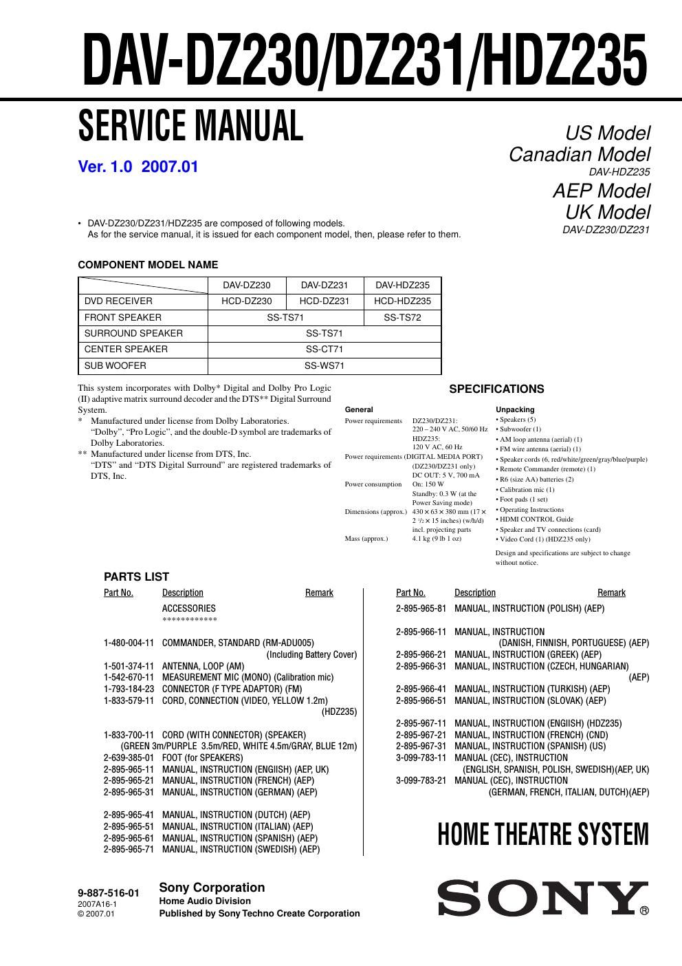 sony dav dz 230 service manual