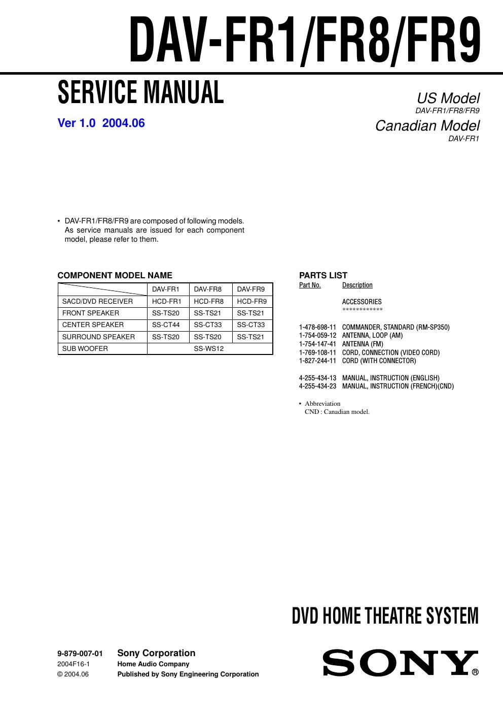 sony dav fr 1 service manual