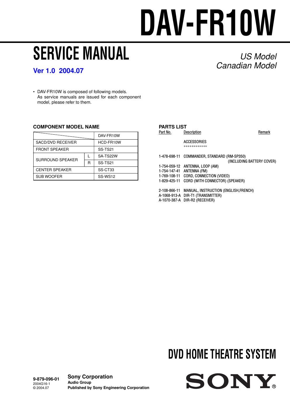 sony dav fr 10 w service manual