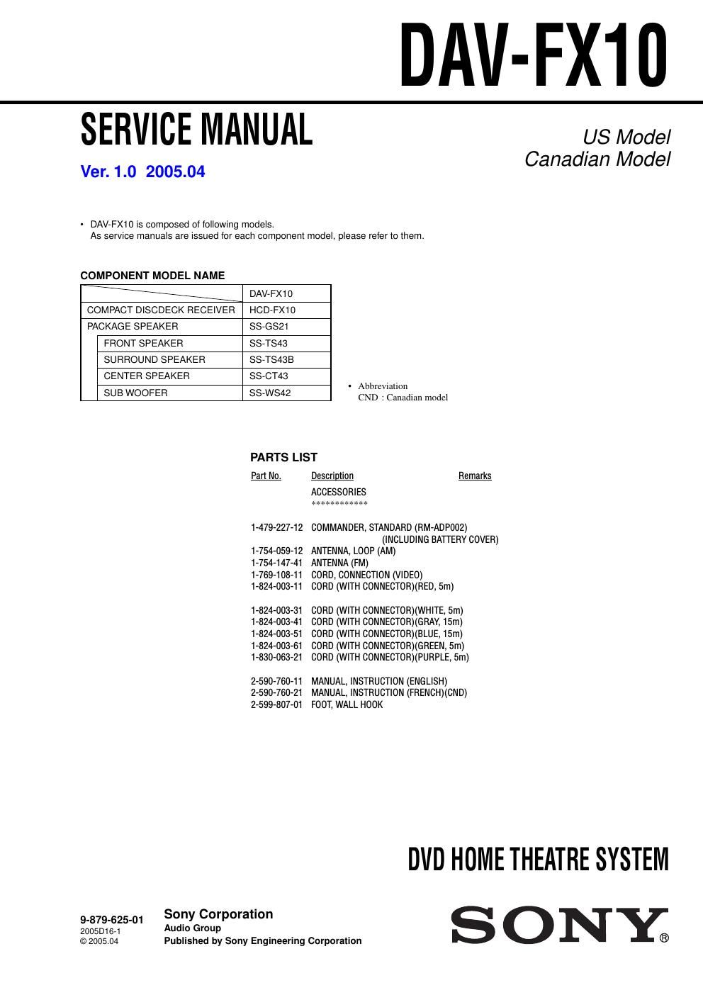 sony dav fx 10 service manual