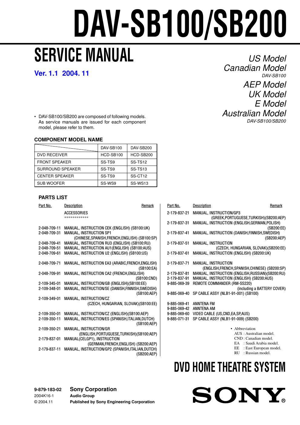 sony dav sb 200 service manual