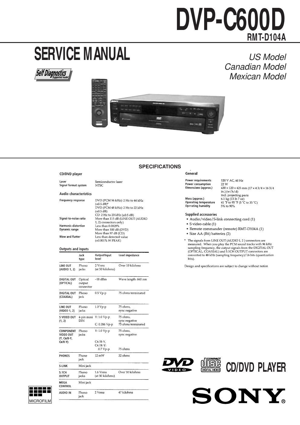 sony dvpc 600 service manual