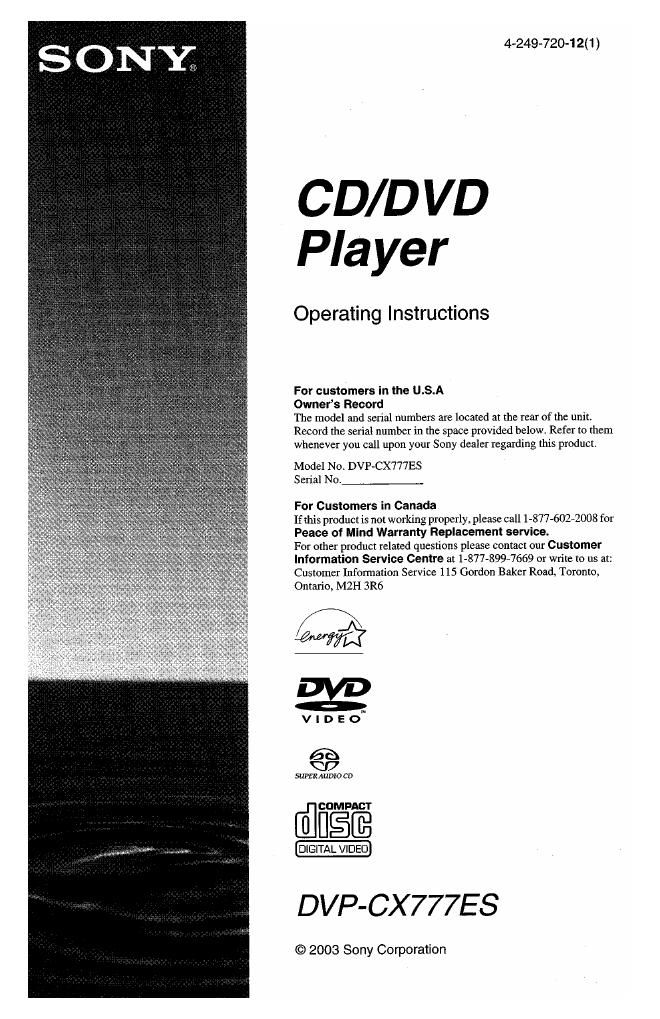 sony dvpcx 777 es owners manual