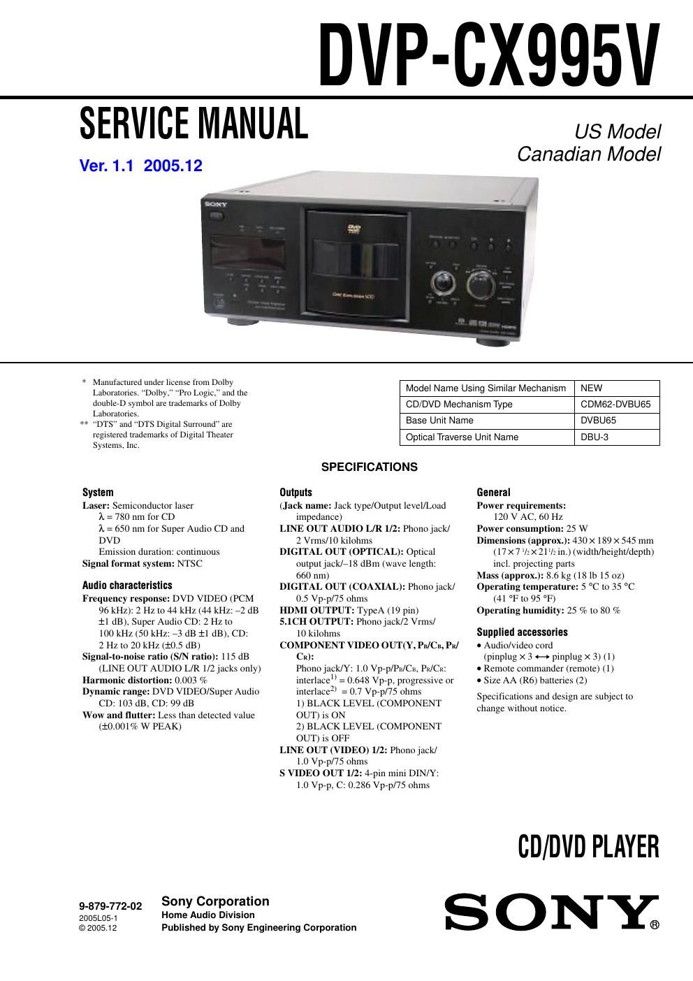 sony dvpcx 995 v service manual