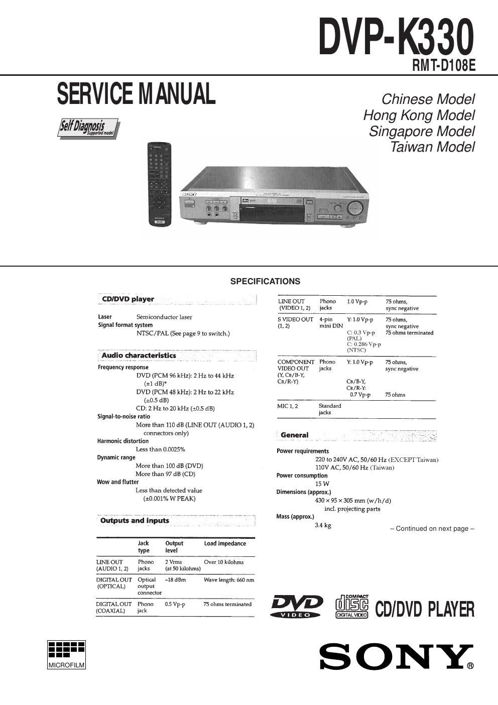 sony dvpk 330 service manual