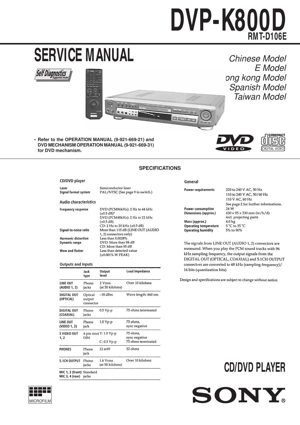 sony dvpk 800 d service manual