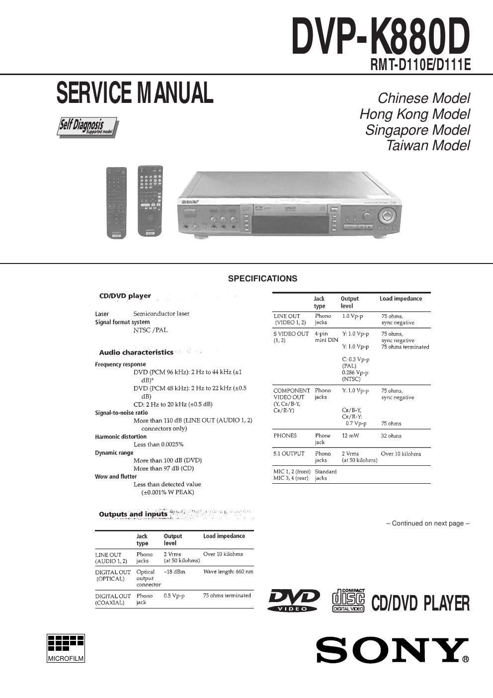 sony dvpk 880 d service manual