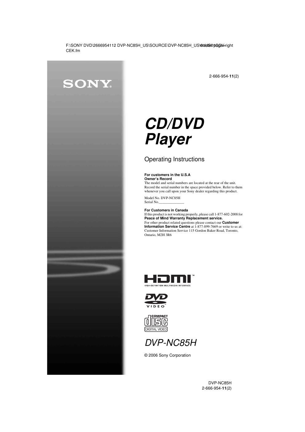 sony dvpnc 85 h owners manual