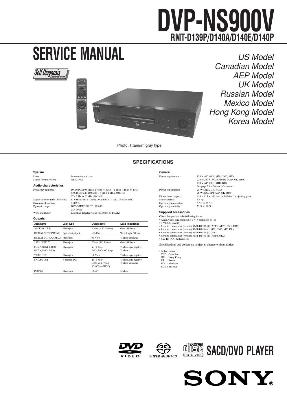 sony dvpns 900 v service manual