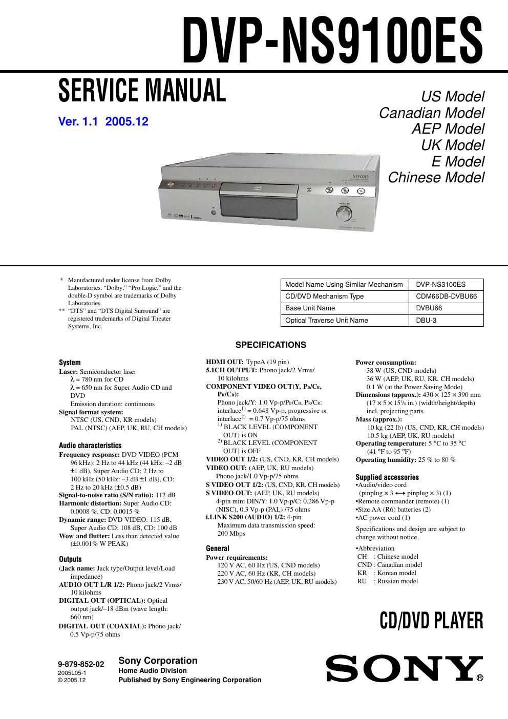 sony dvpns 9100 es service manual
