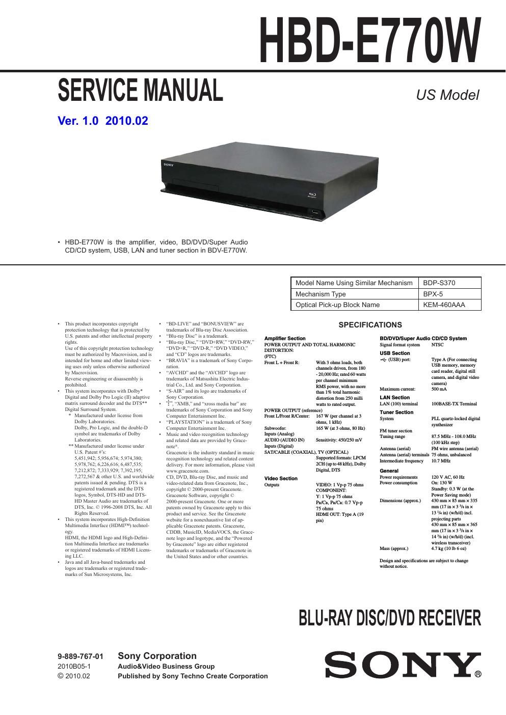 sony hbd e 770 w service manual