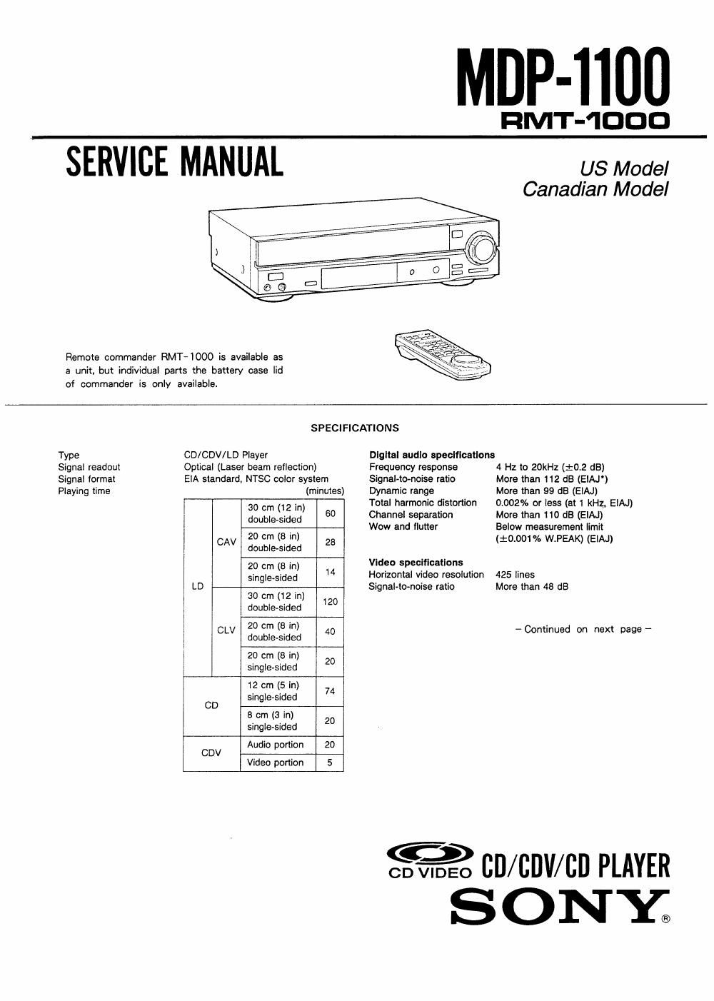sony mdp 1100 service manual