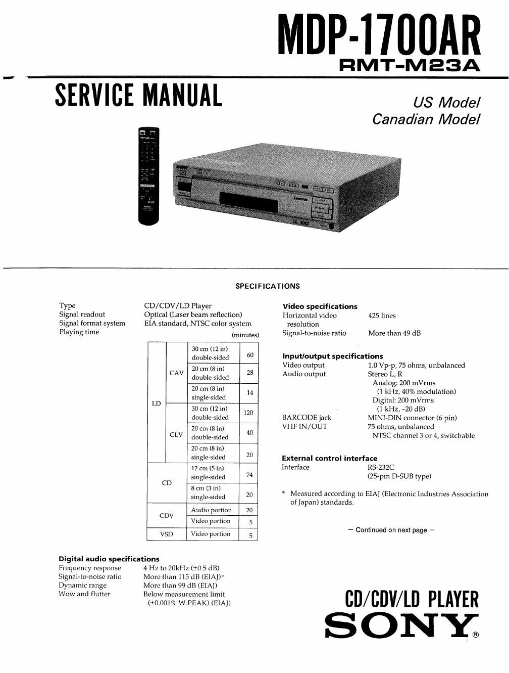 sony mdp 1700 ar service manual