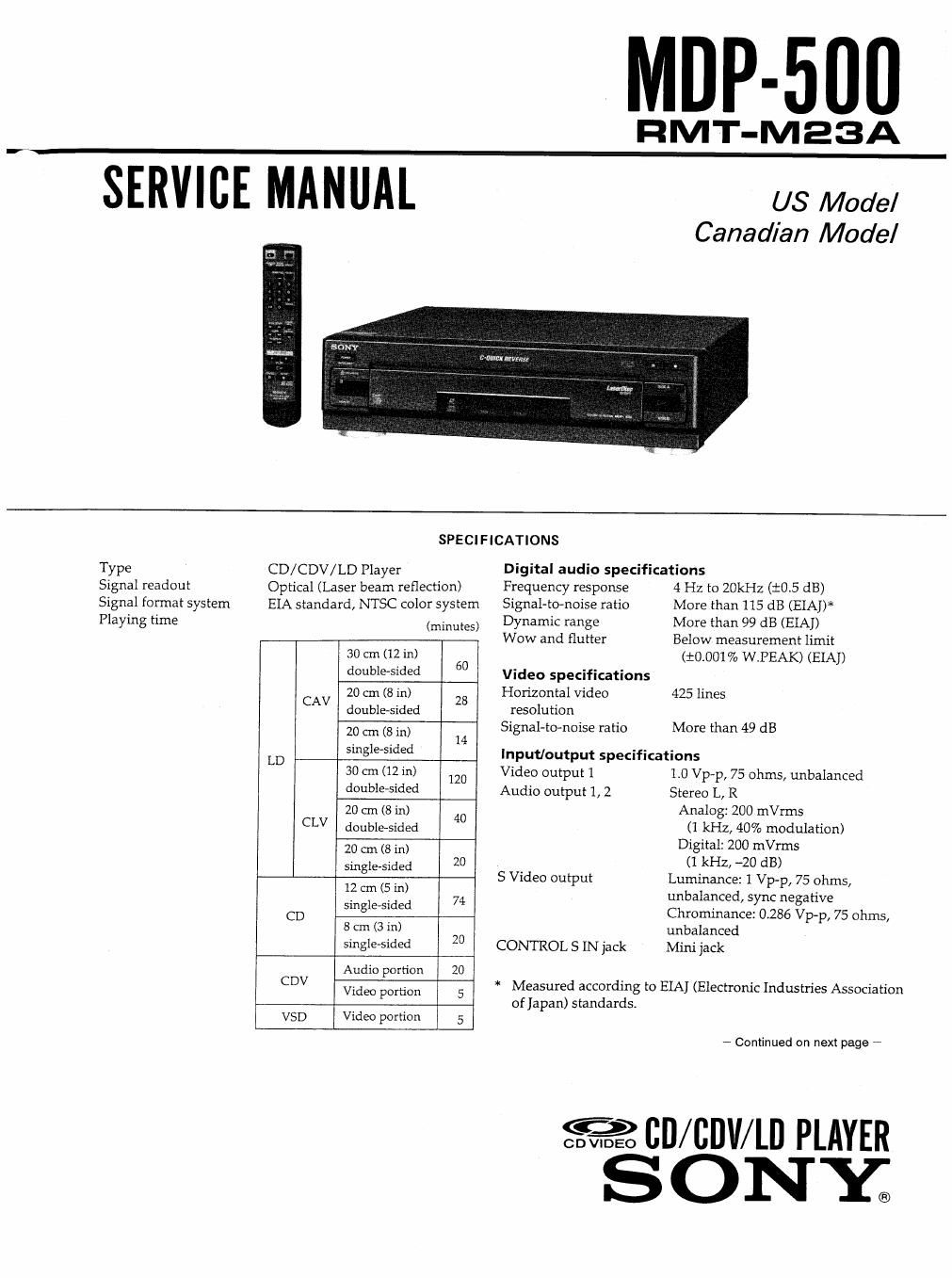 sony mdp 500 service manual