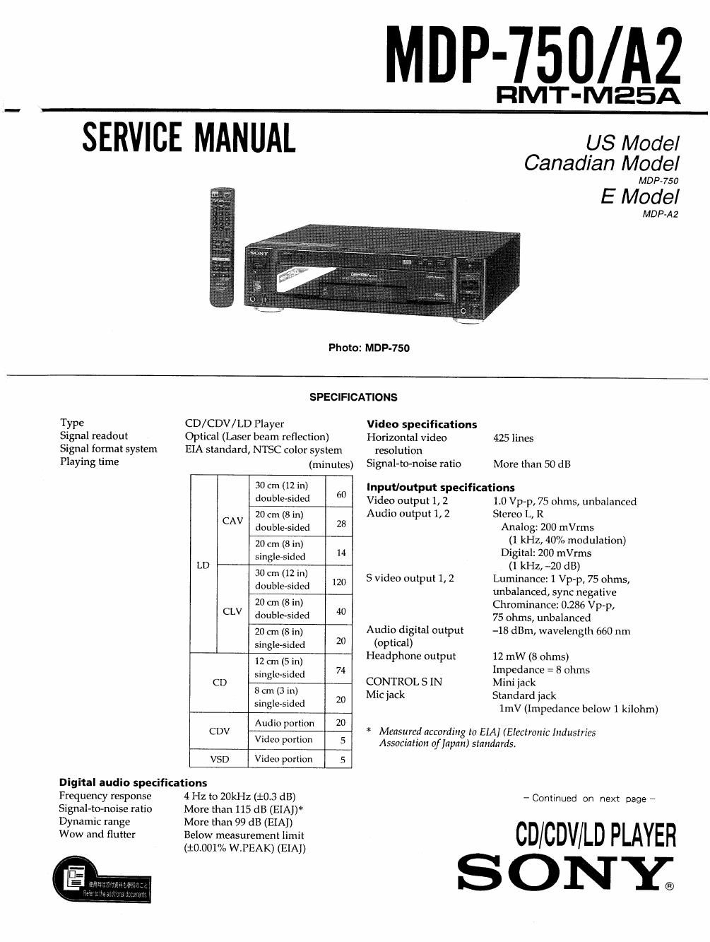 sony mdp 750 service manual