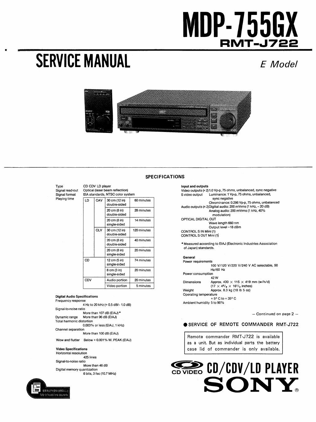 sony mdp 755 gx service manual