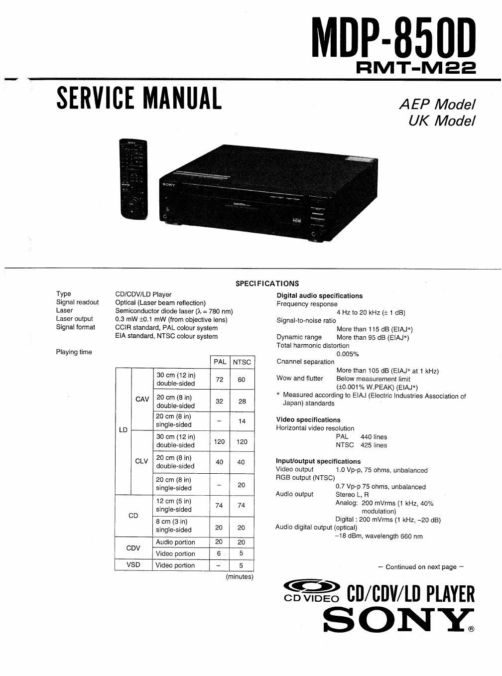 sony mdp 850 d service manual