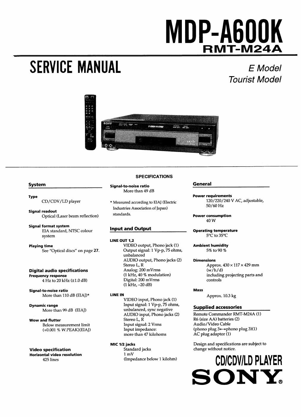 sony mdp a 600 k service manual