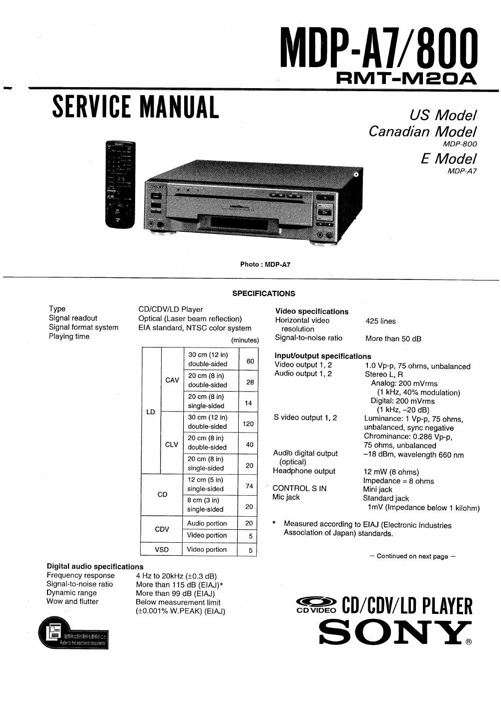 sony mdp a 7 service manual