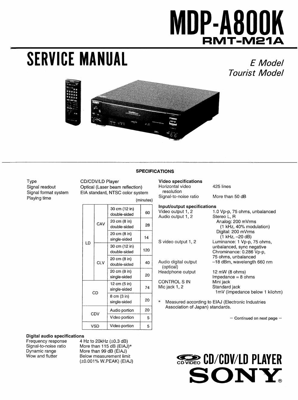 sony mdp a 800 k service manual