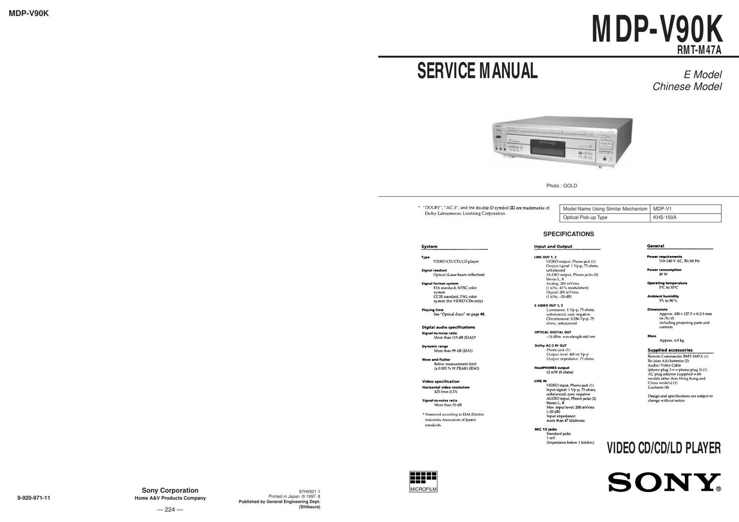 sony mdp v 90 k service manual
