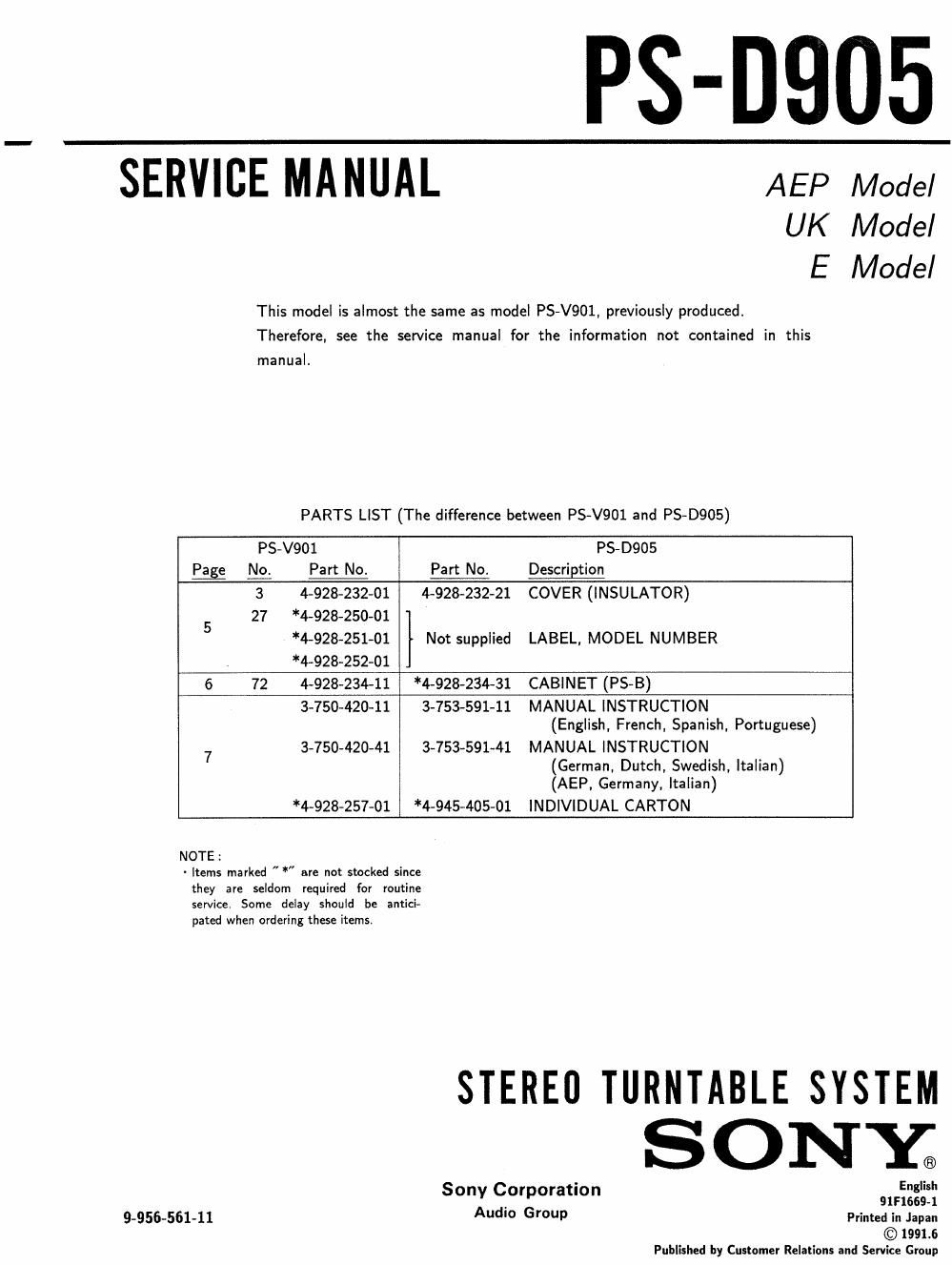sony ps d 905 service manual