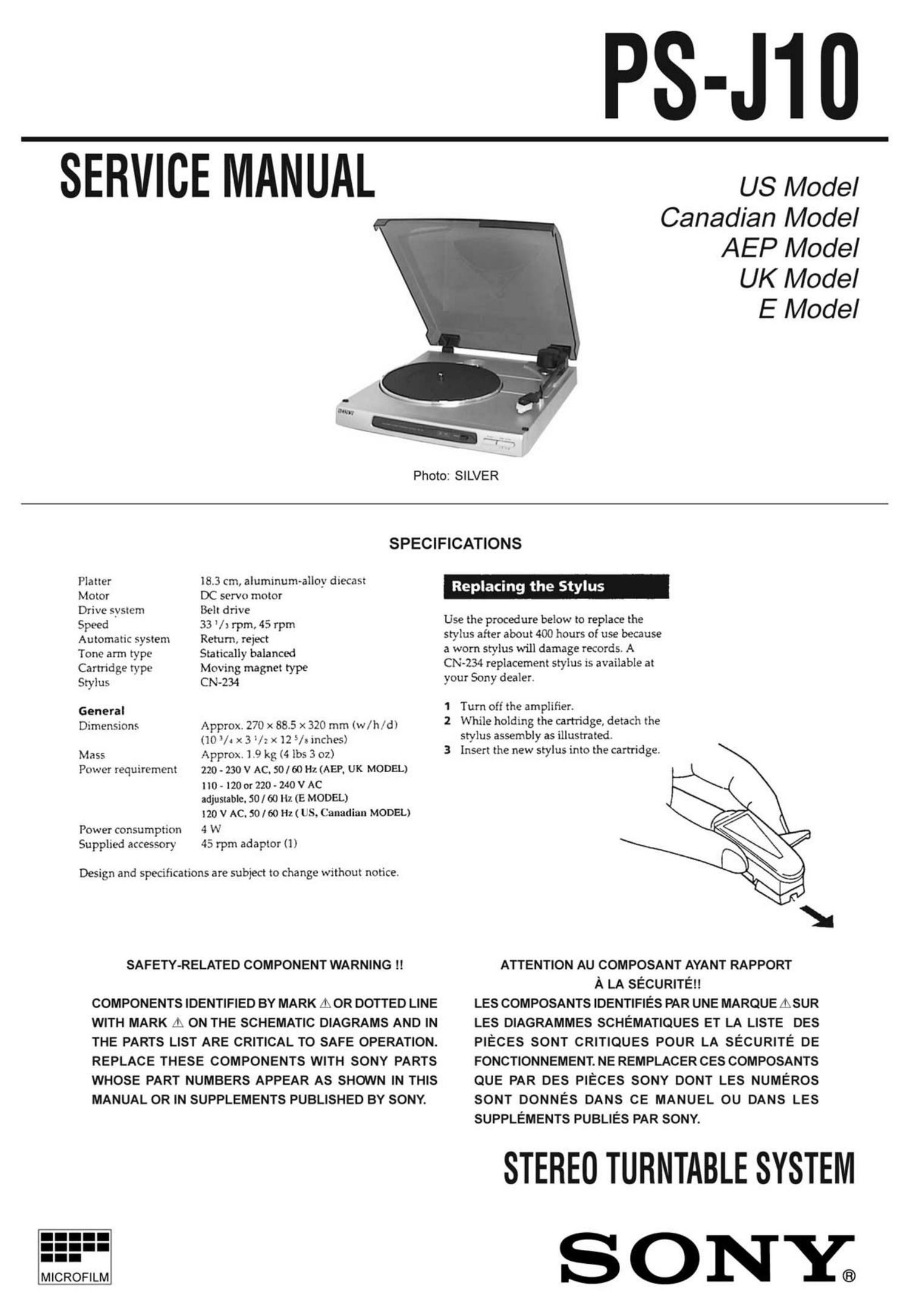 Sony PS J 10 Service Manual