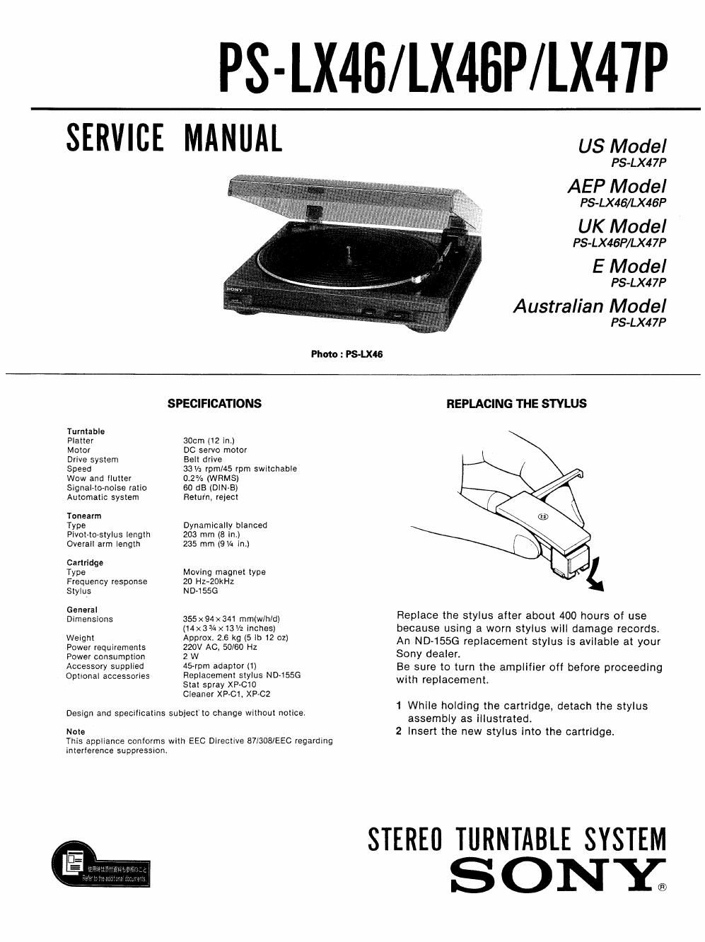 sony ps lx 46 service manual