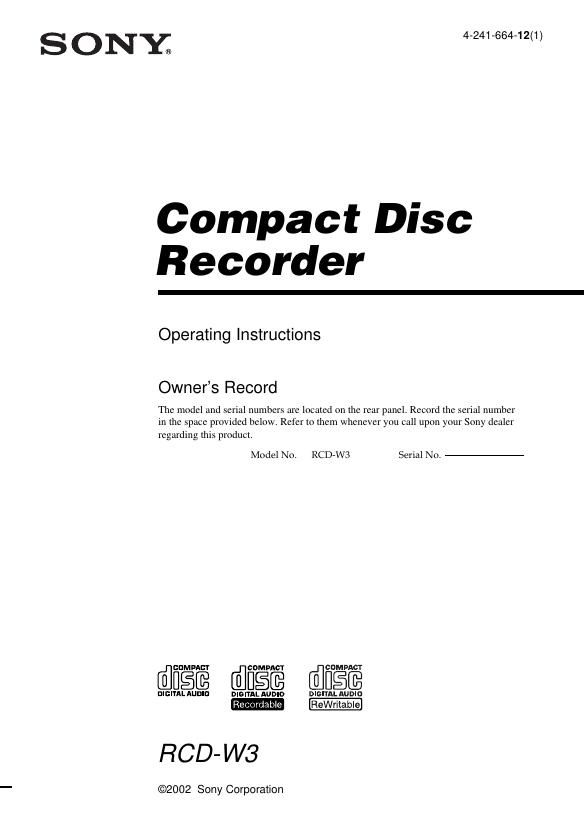 Sony RCD W3 Owners Manual