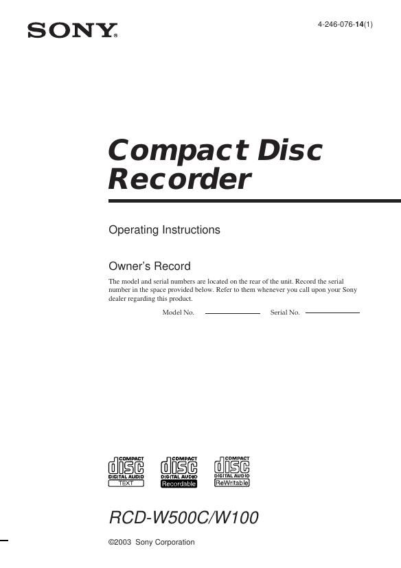 Sony RCD W500C Owners Manual