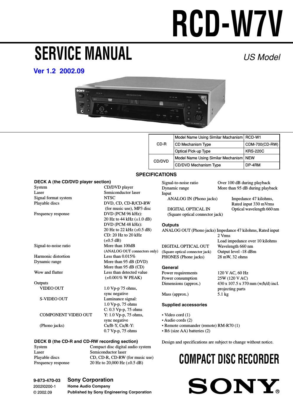 sony rcd w 7 v service manual