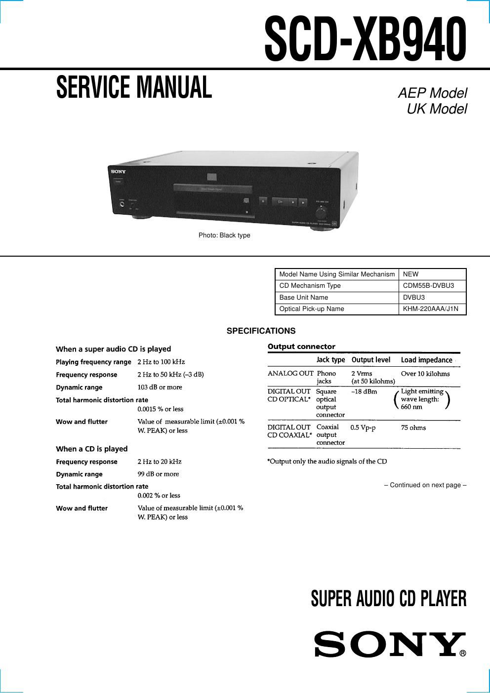 sony scd xb 940 service manual