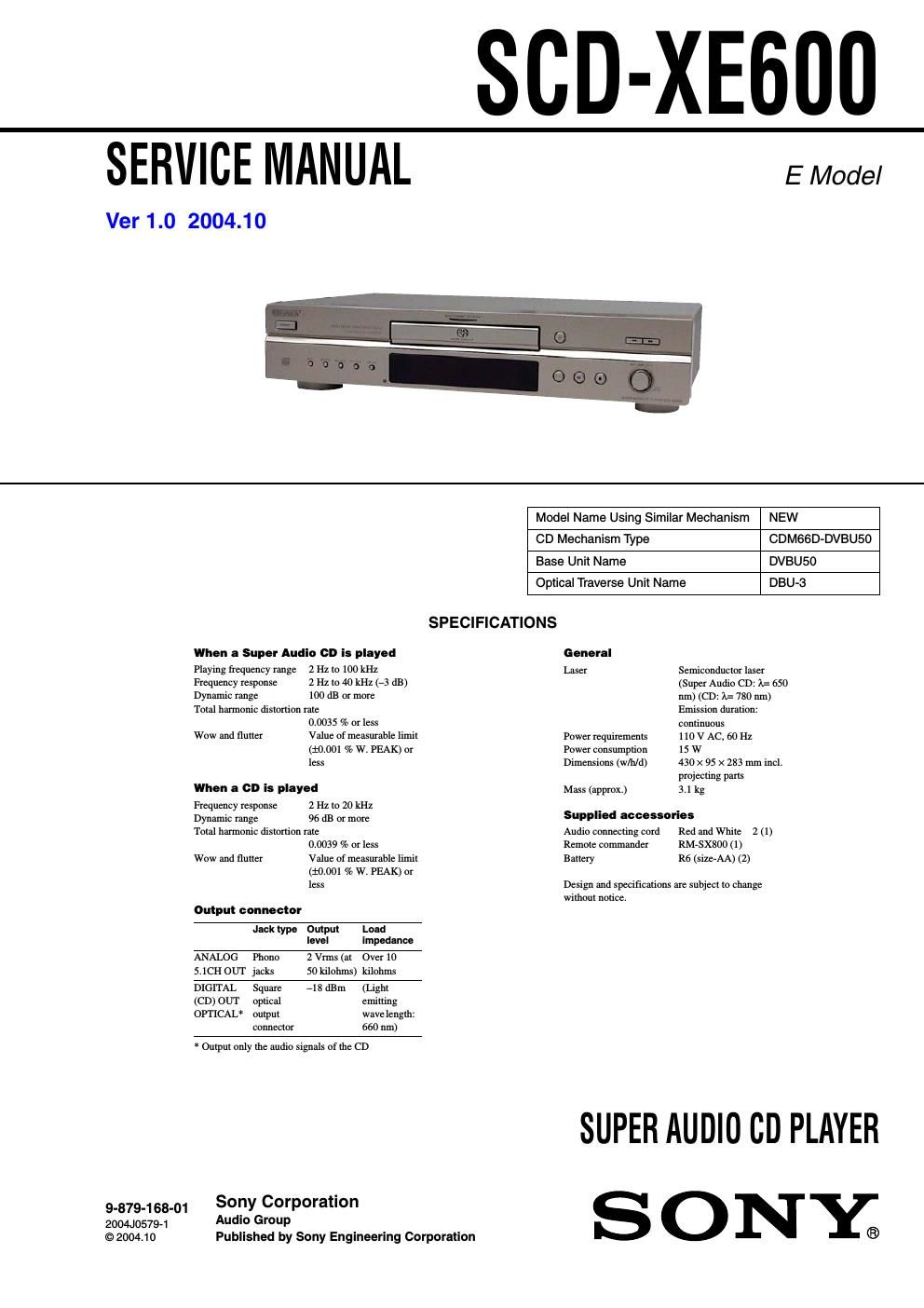 sony scd xe 600 service manual