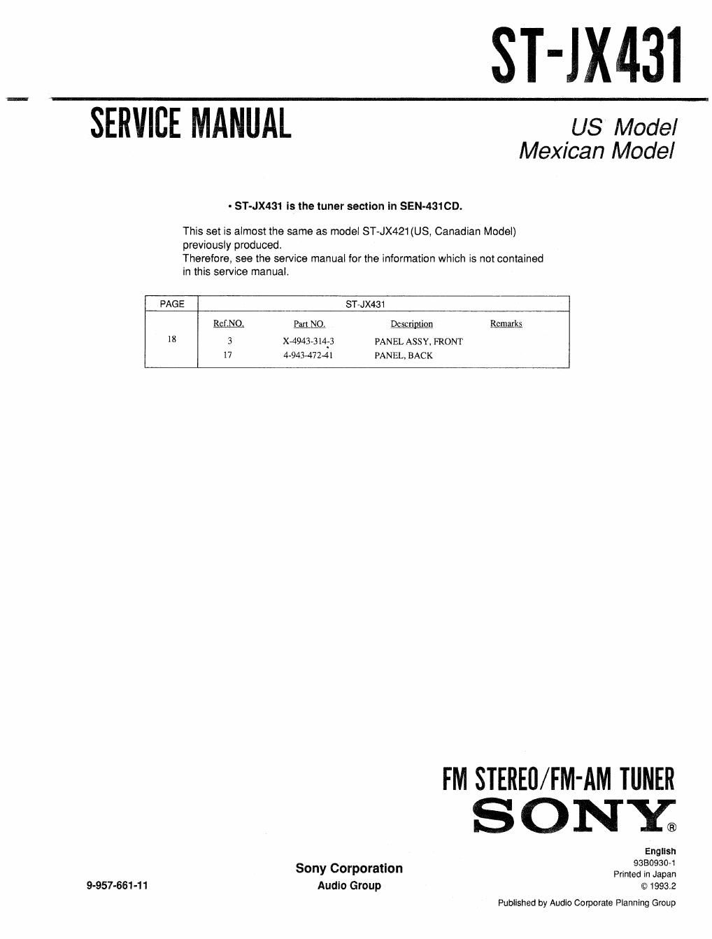 sony st jx 431 service manual