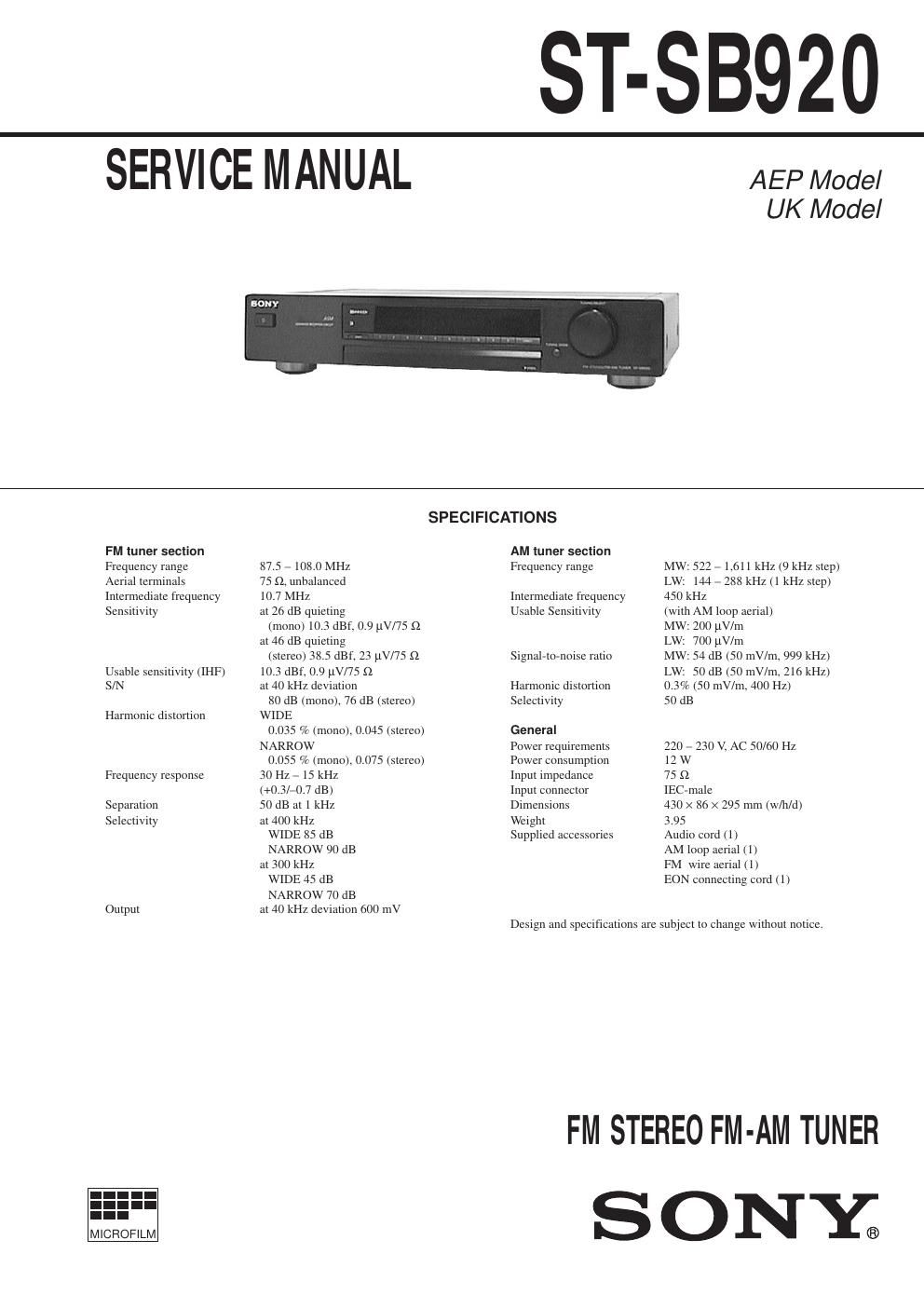 sony st sb 920 service manual